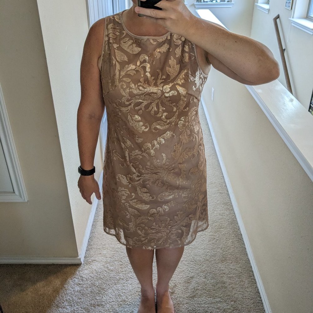Eliza J Gold Champaign Sequin Shift Sheath Dress Size 14